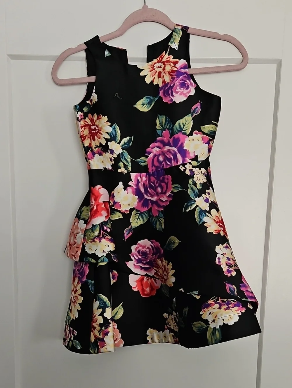 Rare Editions Black Floral Fit-and-Flare Dress with Purple and Pink Roses